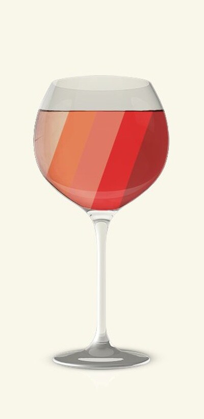 Een getekend wijnglas met allemaal verschillende kleuren rode wijn erin